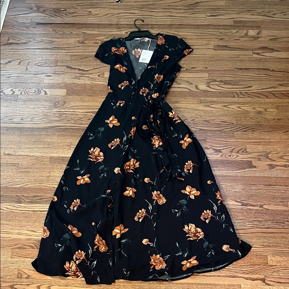 NWT & Other Stories Floral Wrap Dress in Black and Orange